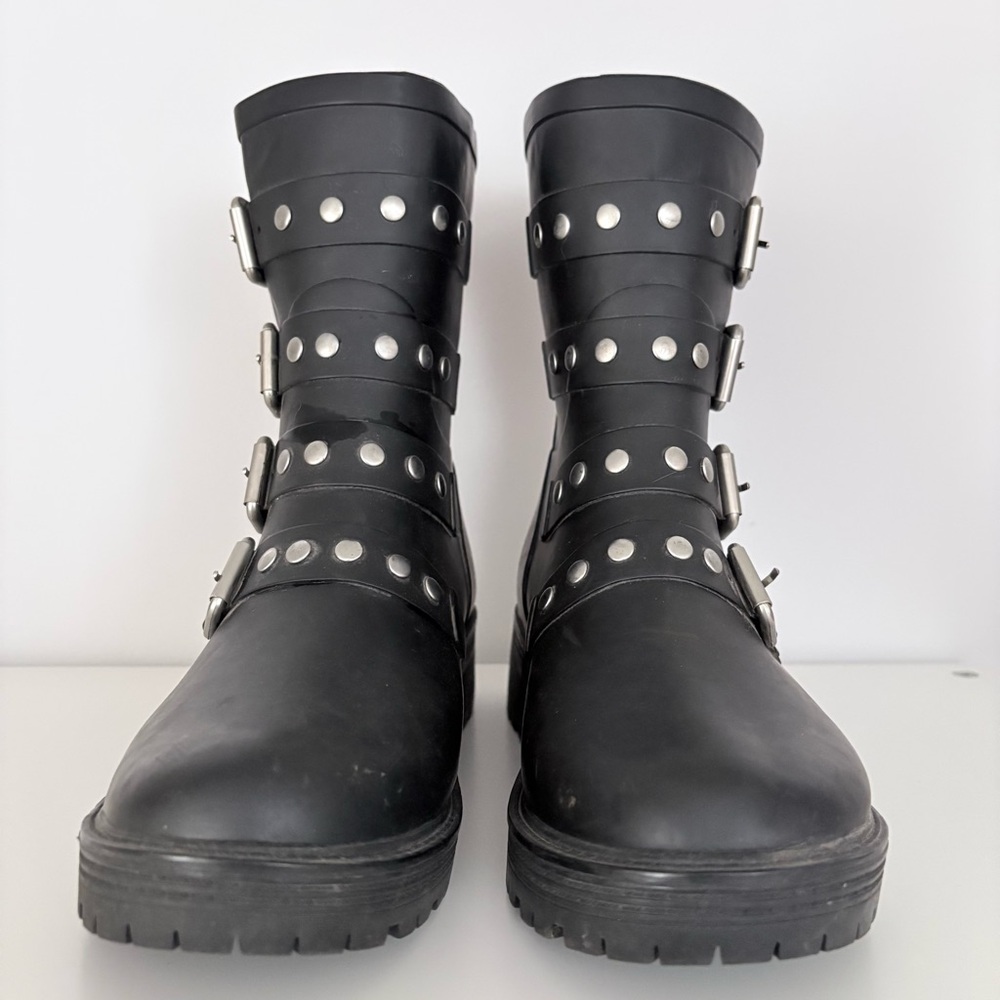 Steve Madden Black Thunder Rain Rubber Combat Mid Calf Boots Size 7 - Picture 3 of 8